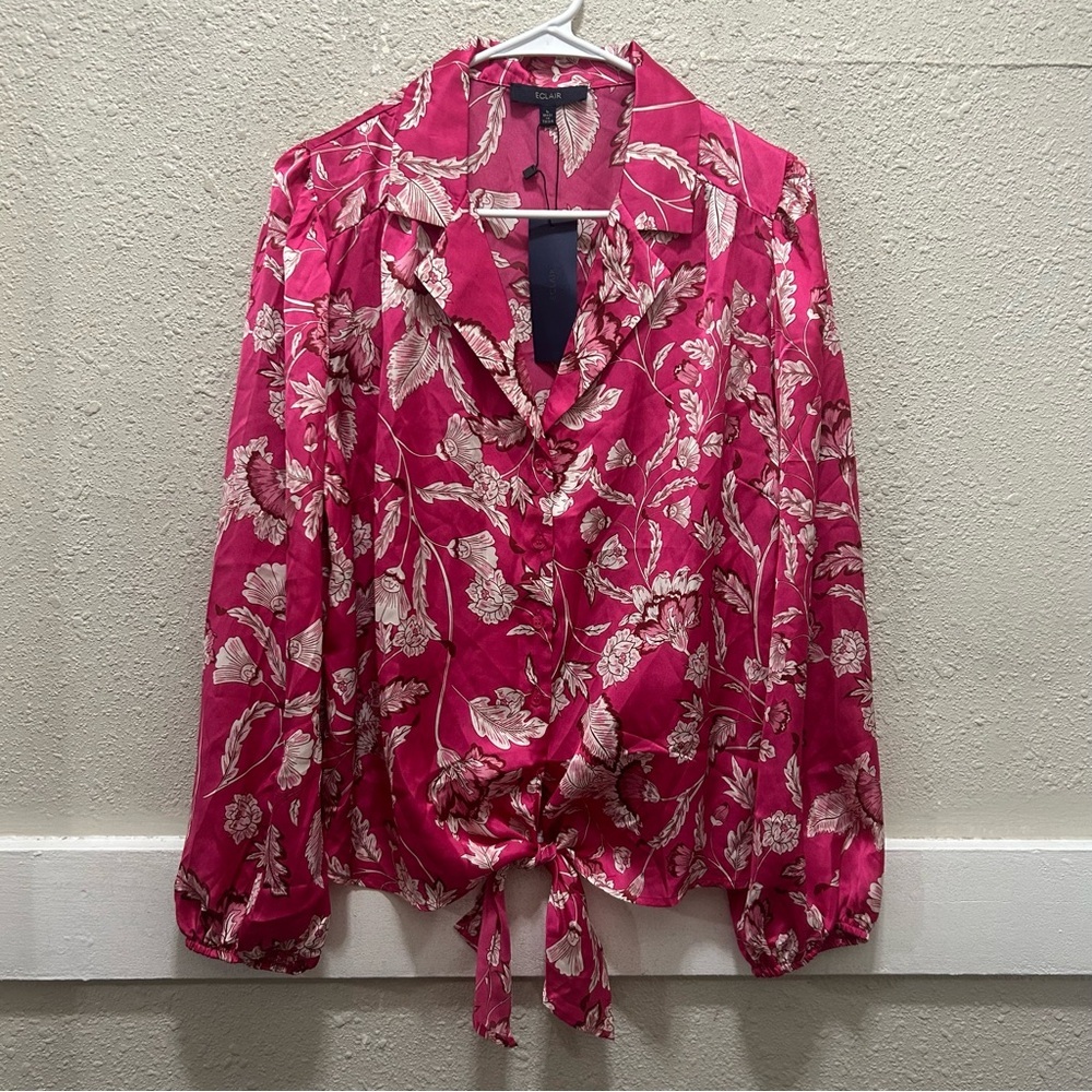 2 for 30✨Eclair Pink Floral Satin Tie Front Button Down Blouse NWT L